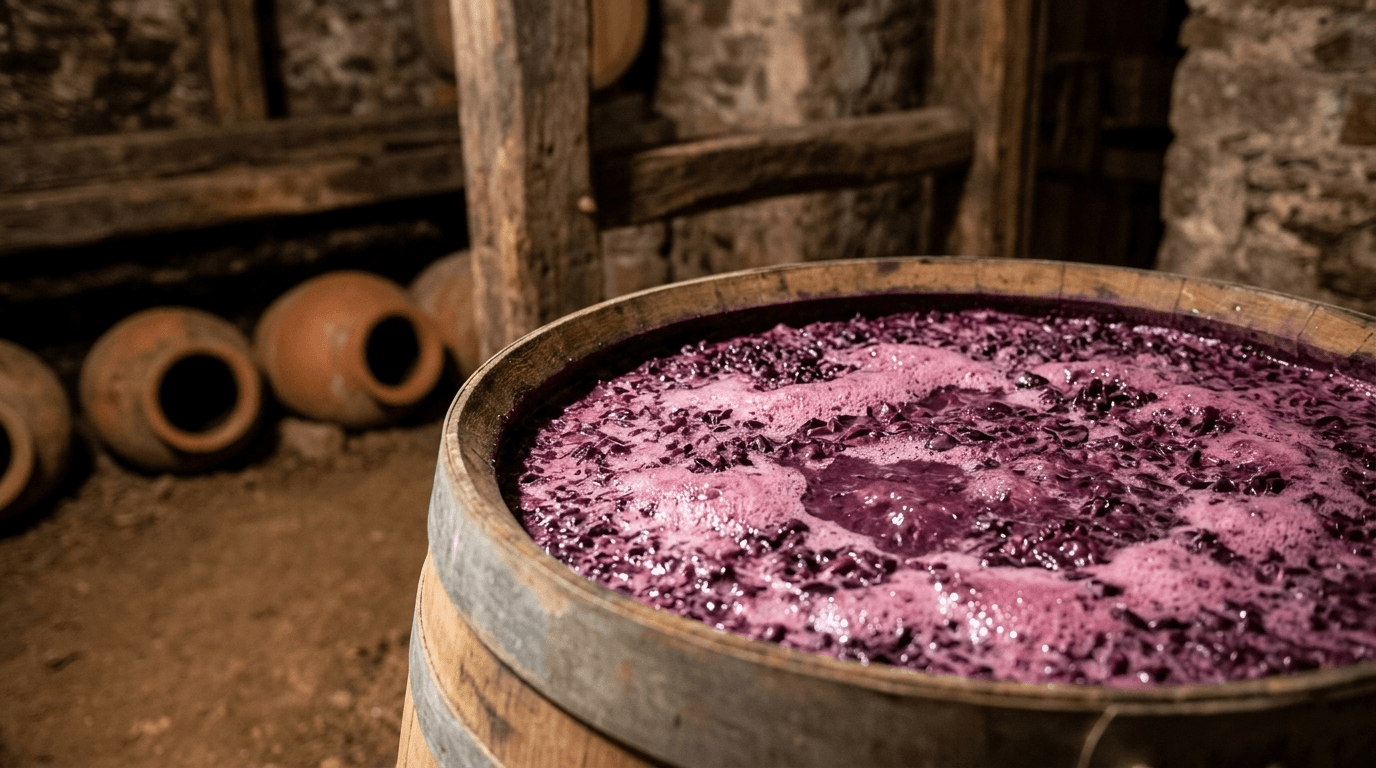 Wild fermentation in a natural winemaking barrel